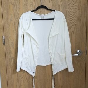 Awaken Cream Cardigan with Braided Fabric and Brass Metal Ring Leather Details